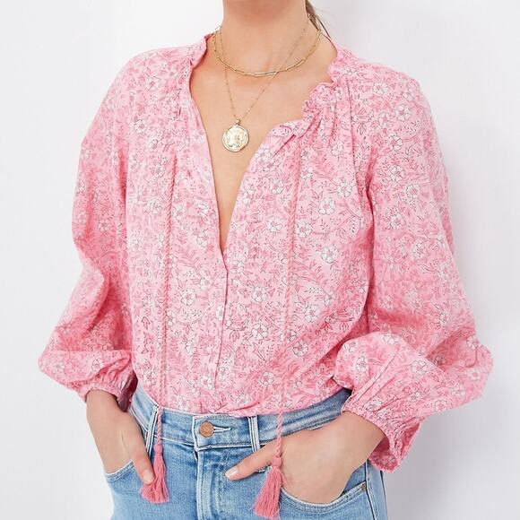 India Collection by Emerson Fry Crocus Bardot Pink Floral Balloon Sleeve Top S - Picture 2 of 13